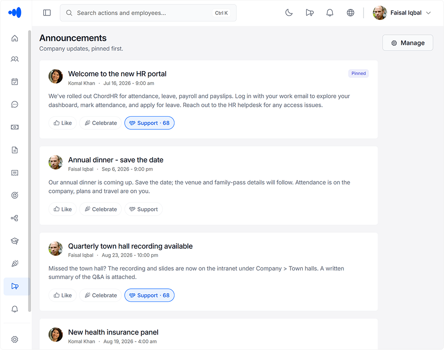 ChordHR Announcements — org-wide announcements with read receipts