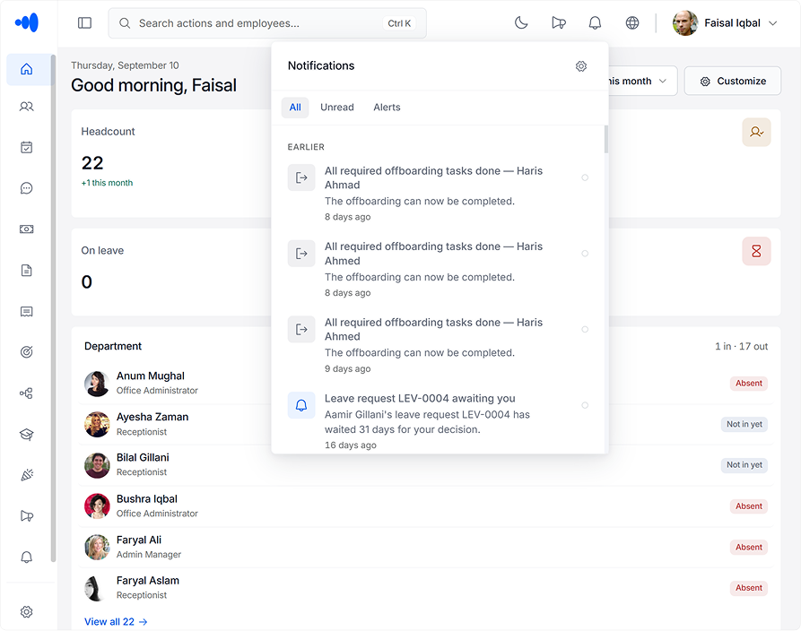 ChordHR Notifications — in-app and email notifications tied to HR record