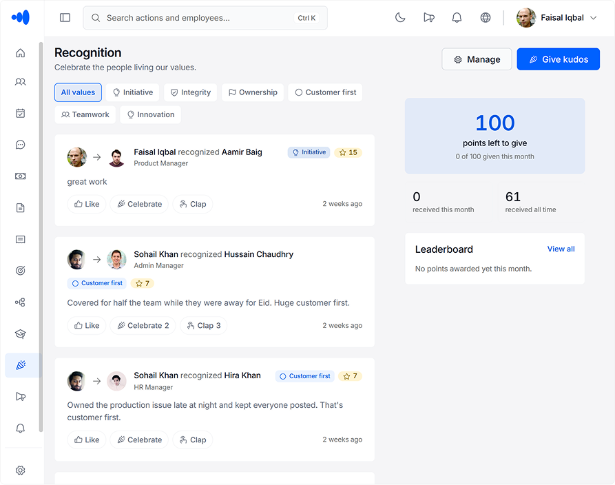 ChordHR Recognition — peer recognition tied to employee profile