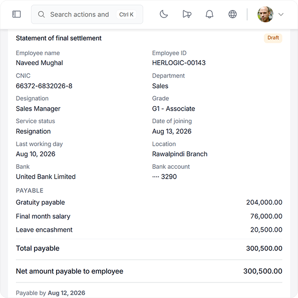 Final settlement calculations — triggered on exit