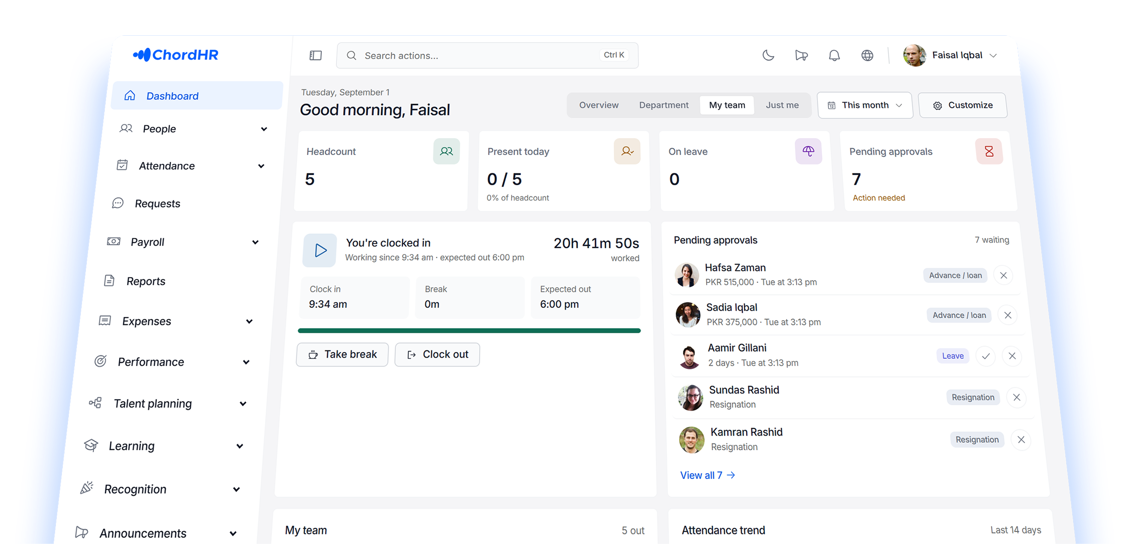 ChordHR Dashboard — employee management platform showing attendance, headcount, approvals, and department reporting
