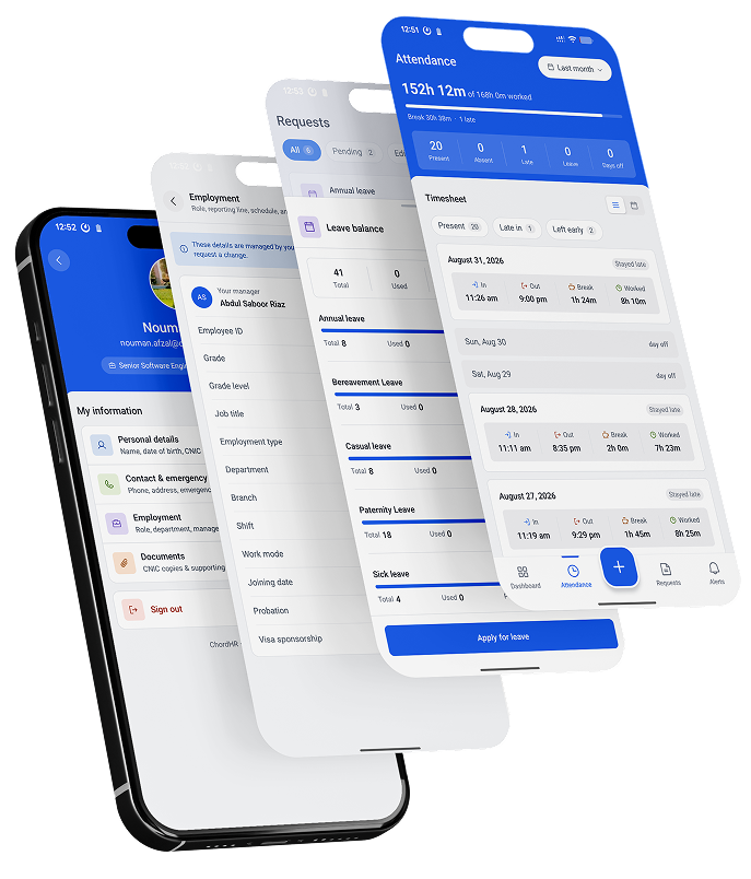 ChordHR mobile app — self-service HR for employees, managers, and HR teams