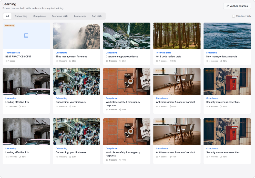 ChordHR Learning module — course assignments, completion tracking, and certifications