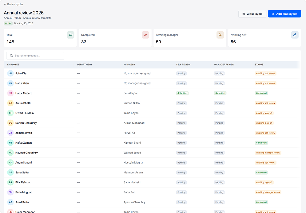 ChordHR Performance module — review cycles, goals, and ratings on the employee profile